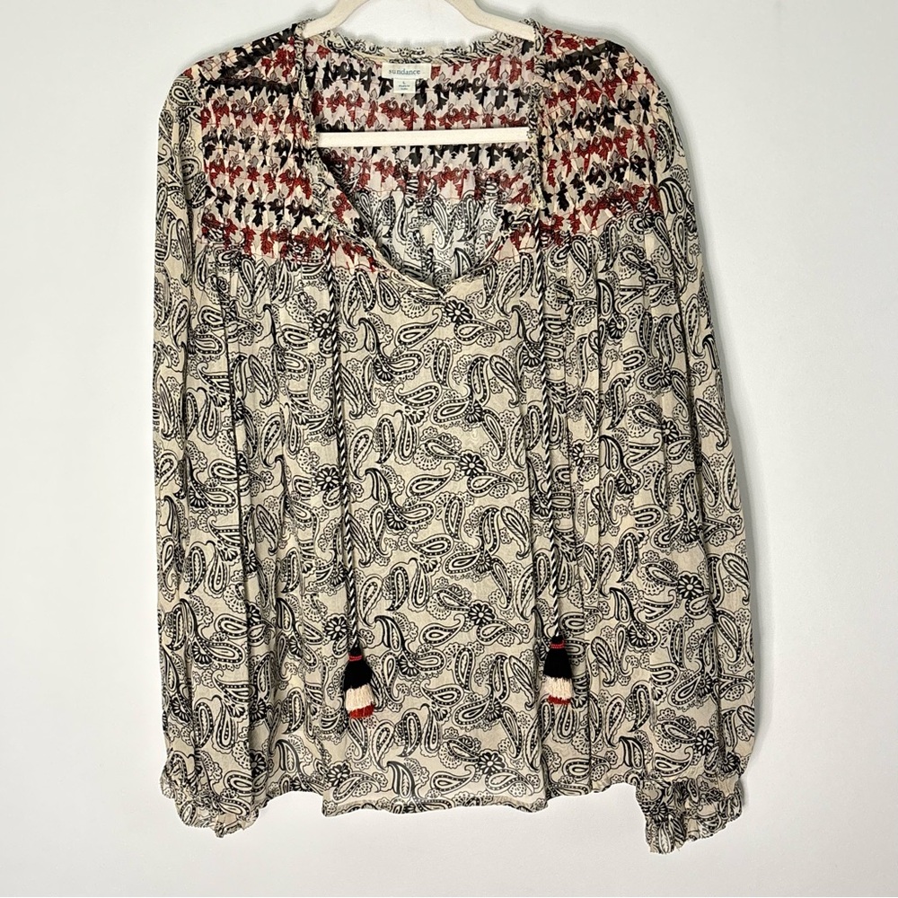 Sundance Sheer Tassled Peasant Paisley Top Blouse Size Large Boho Cottage *C37